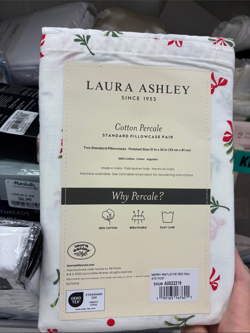 Laura Ashley White Pillowcase Pair with Red & Green Sprig Print